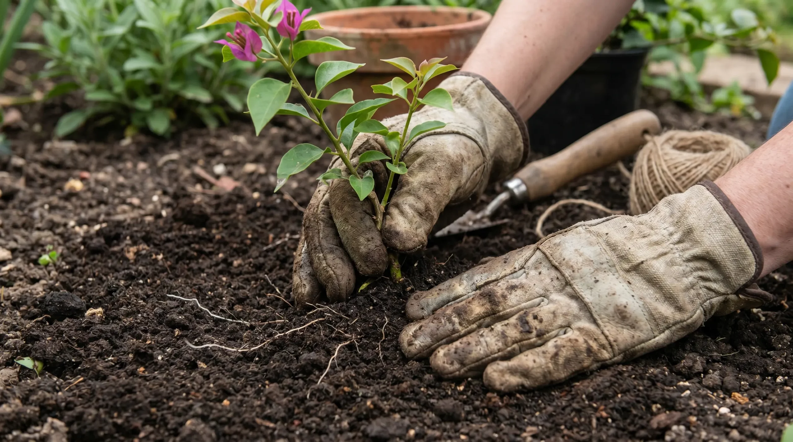 Pessoa com luvas de jardinagem plantando uma muda de primavera (bougainvillea) em solo fértil, demonstrando a técnica de plantio direto no solo.