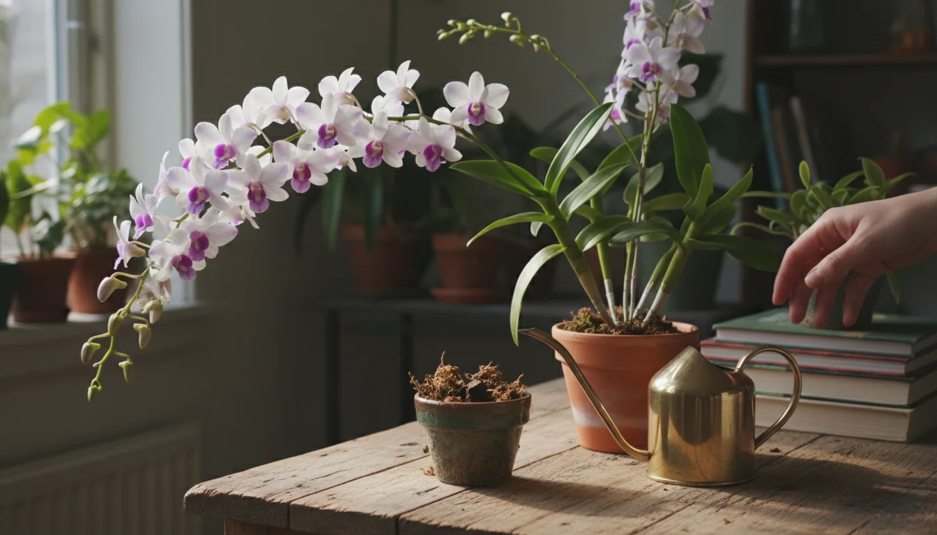 Como cuidar de orquídeas dendrobium - Imagem de destaque: Como cuidar de orquídeas dendrobium: guia completo de cultivo, rega e floração