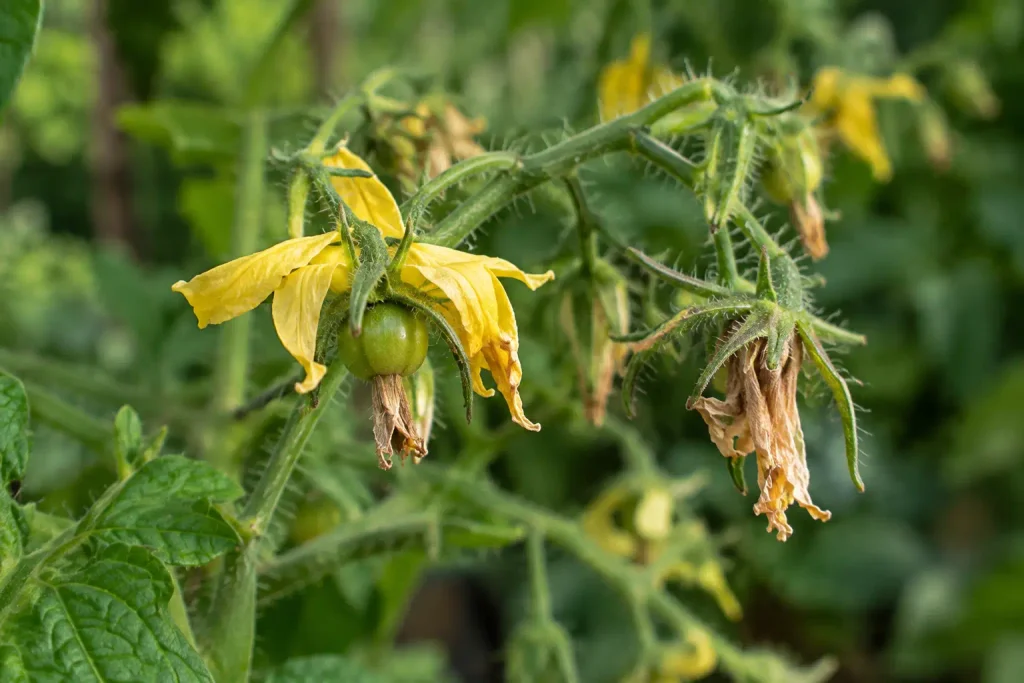 Comparação de flores de tomate-cereja murchas com pequeno fruto verde em desenvolvimento.