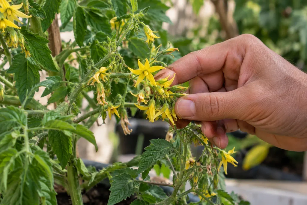 Jardineira tocando delicadamente a haste de flores de tomate-cereja para auxiliar na polinização.