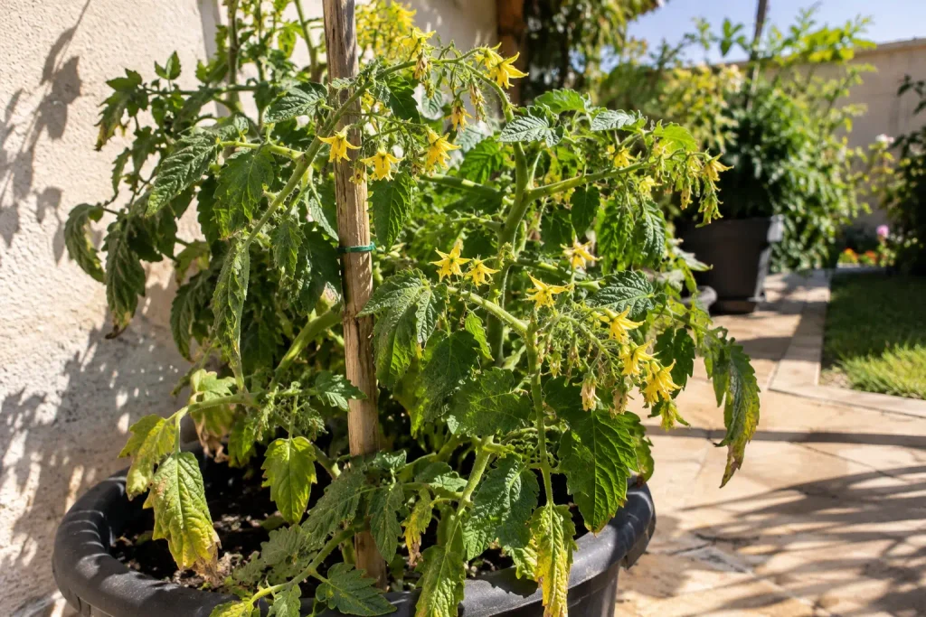 Tomate-cereja em vaso exposto ao sol intenso em uma varanda.