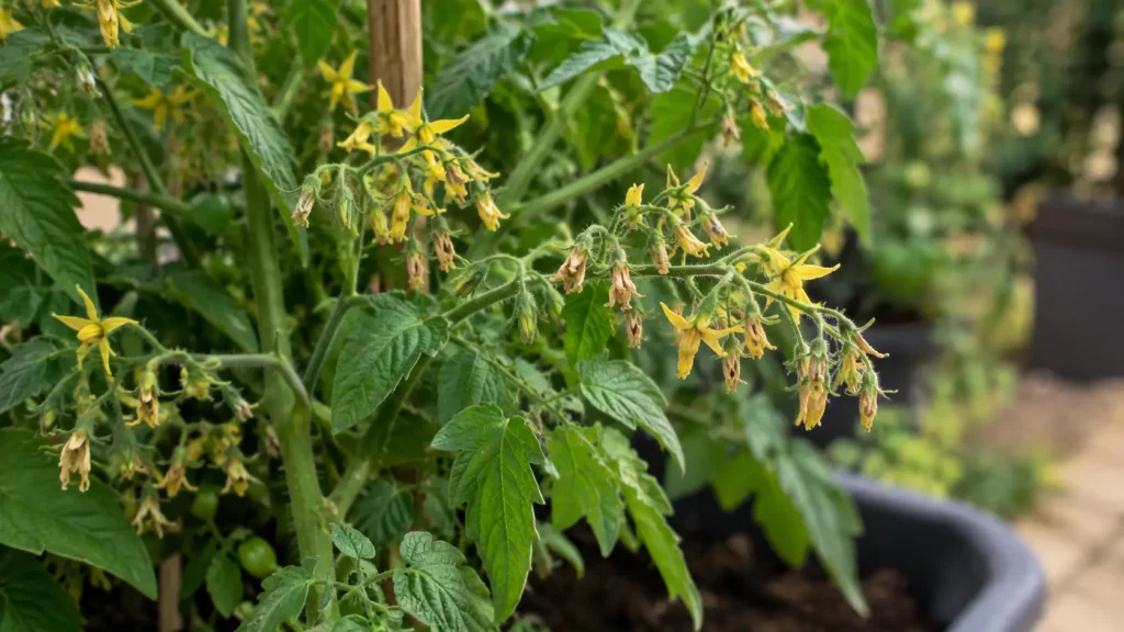 Pé de tomate-cereja cultivado em vaso com flores amarelas saudáveis e murchas.